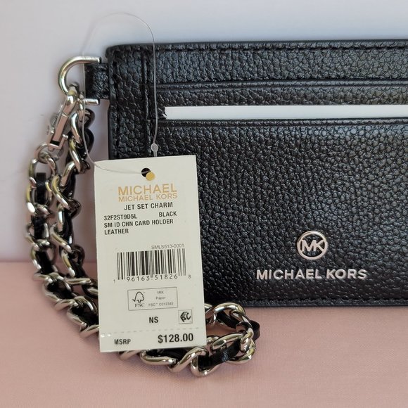MICHAEL KORS Jet Set Small ID Pebbled Leather Chain Card Holder Case-Black🎈$69 - Picture 16 of 16